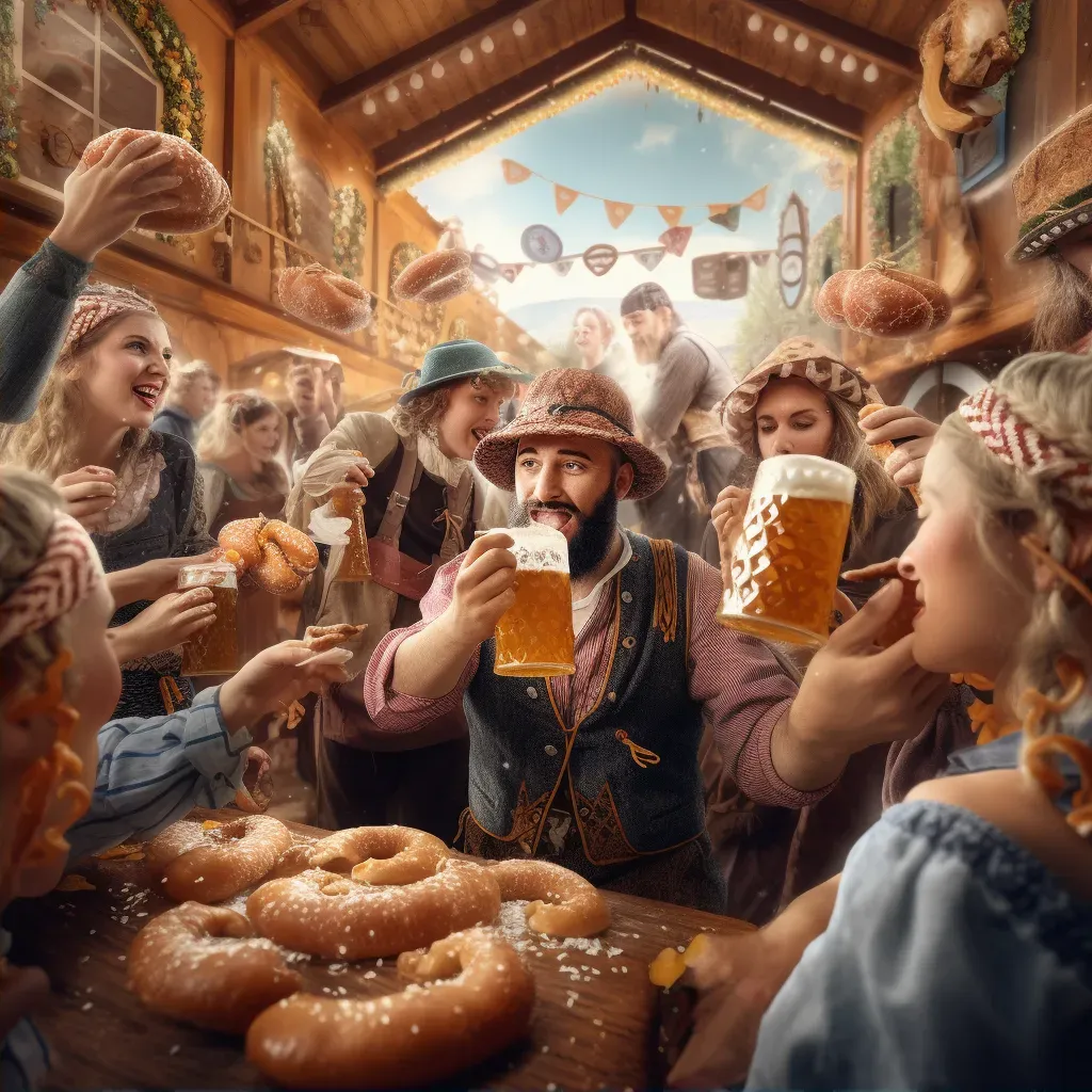 Image of an Oktoberfest celebration with traditional attire, beer, and pretzels - Image 2