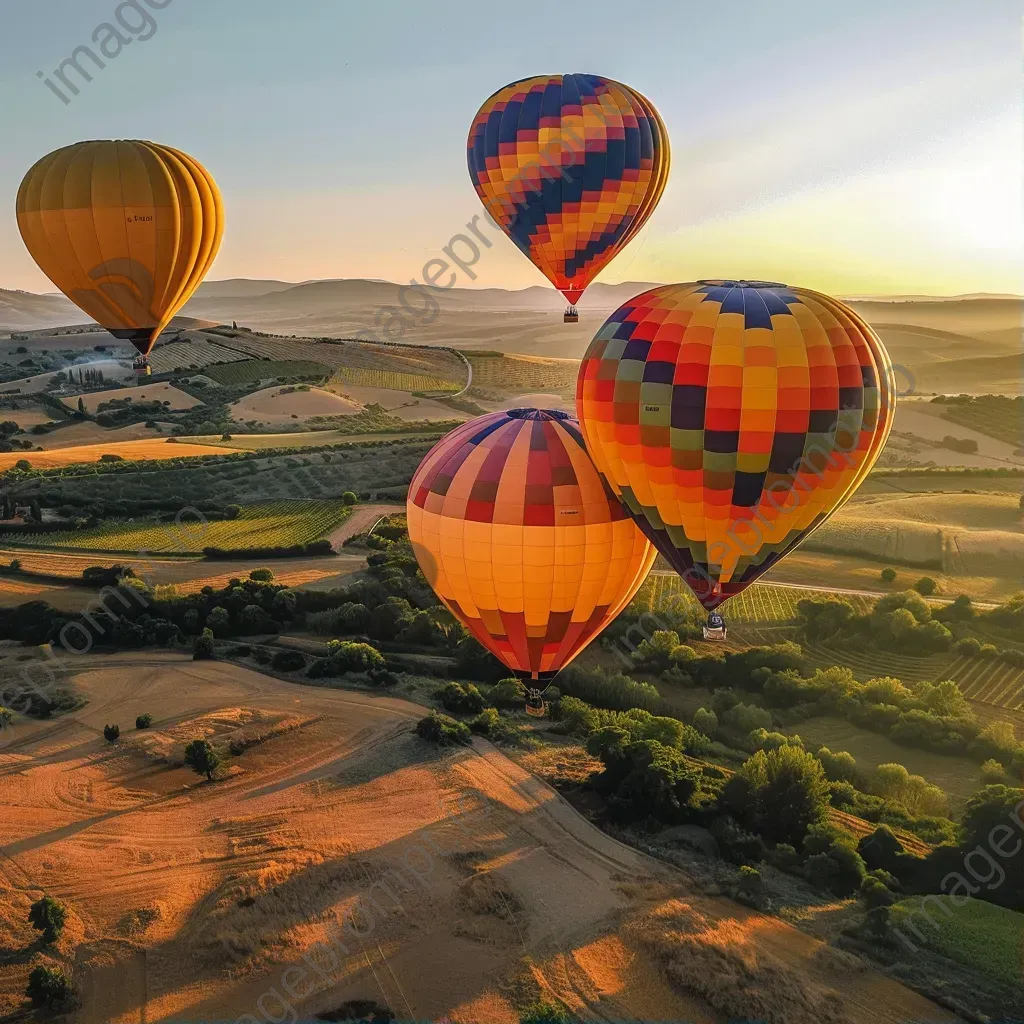 Aerial view of colorful hot air balloons in sky above fields - Image 1