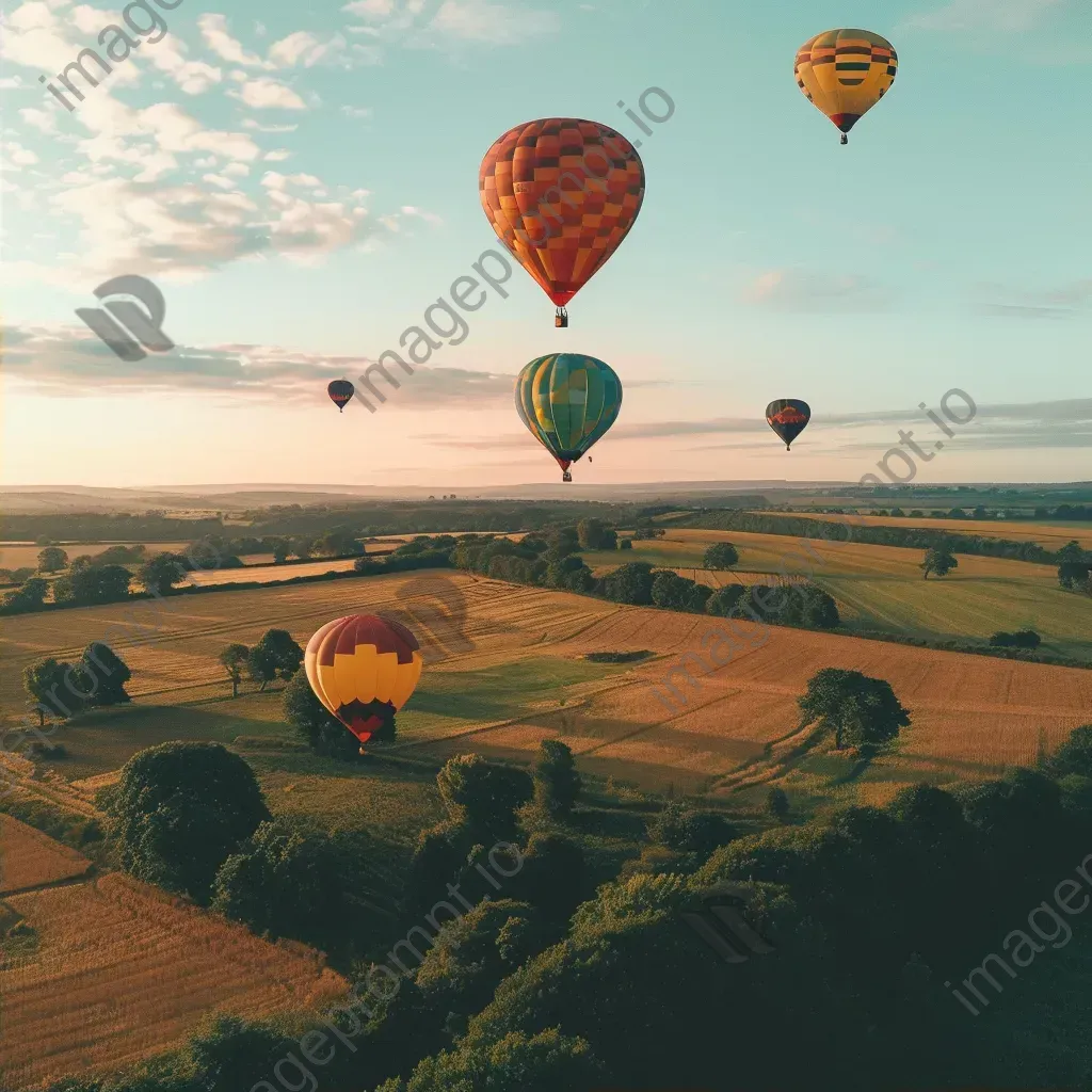 Aerial view of colorful hot air balloons in sky above fields - Image 2