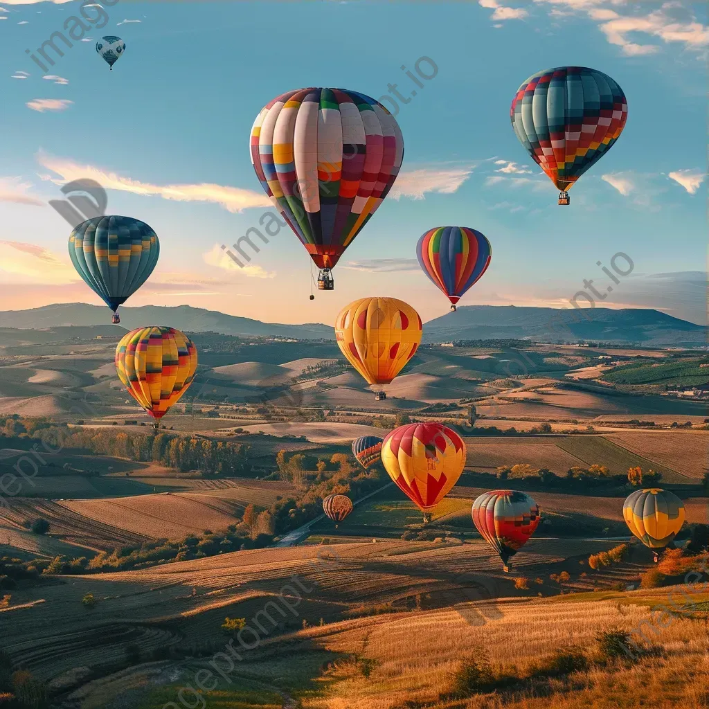 Aerial view of colorful hot air balloons in sky above fields - Image 3