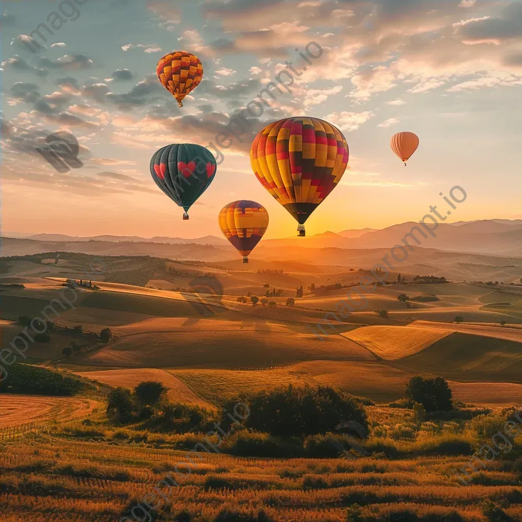 Aerial view of colorful hot air balloons in sky above fields - Image 4