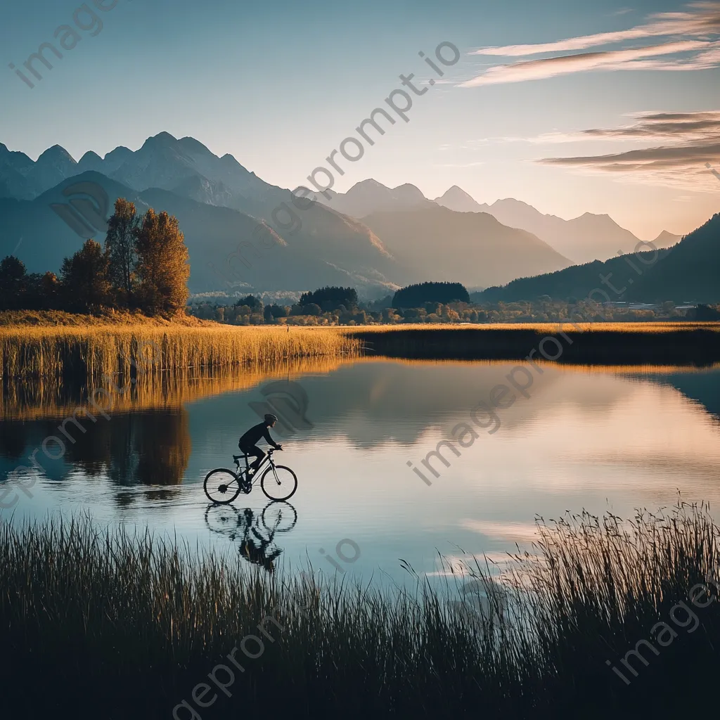 A cyclist riding near a lake with mountain reflections during sunset. - Image 1