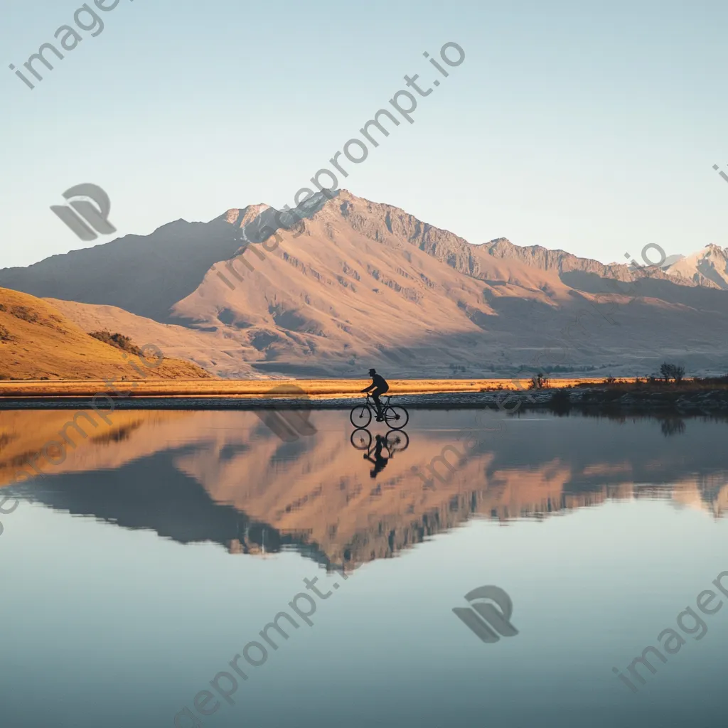 A cyclist riding near a lake with mountain reflections during sunset. - Image 2