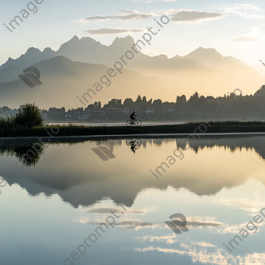 A cyclist riding near a lake with mountain reflections during sunset. - Image 3