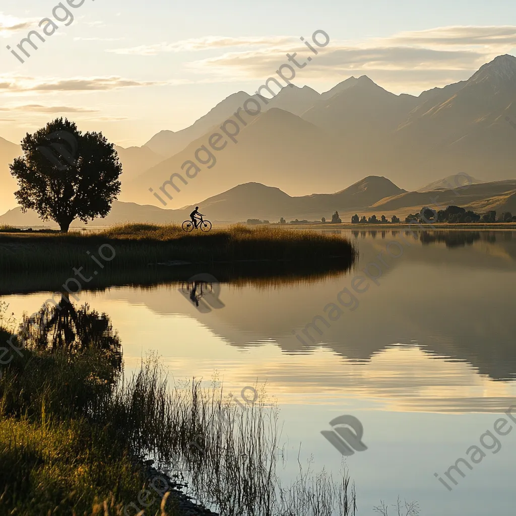 A cyclist riding near a lake with mountain reflections during sunset. - Image 4