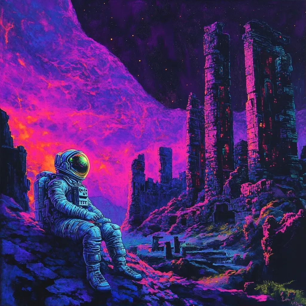 Surreal artwork of an astronaut exploring ancient ruins on a distant planet - Image 1