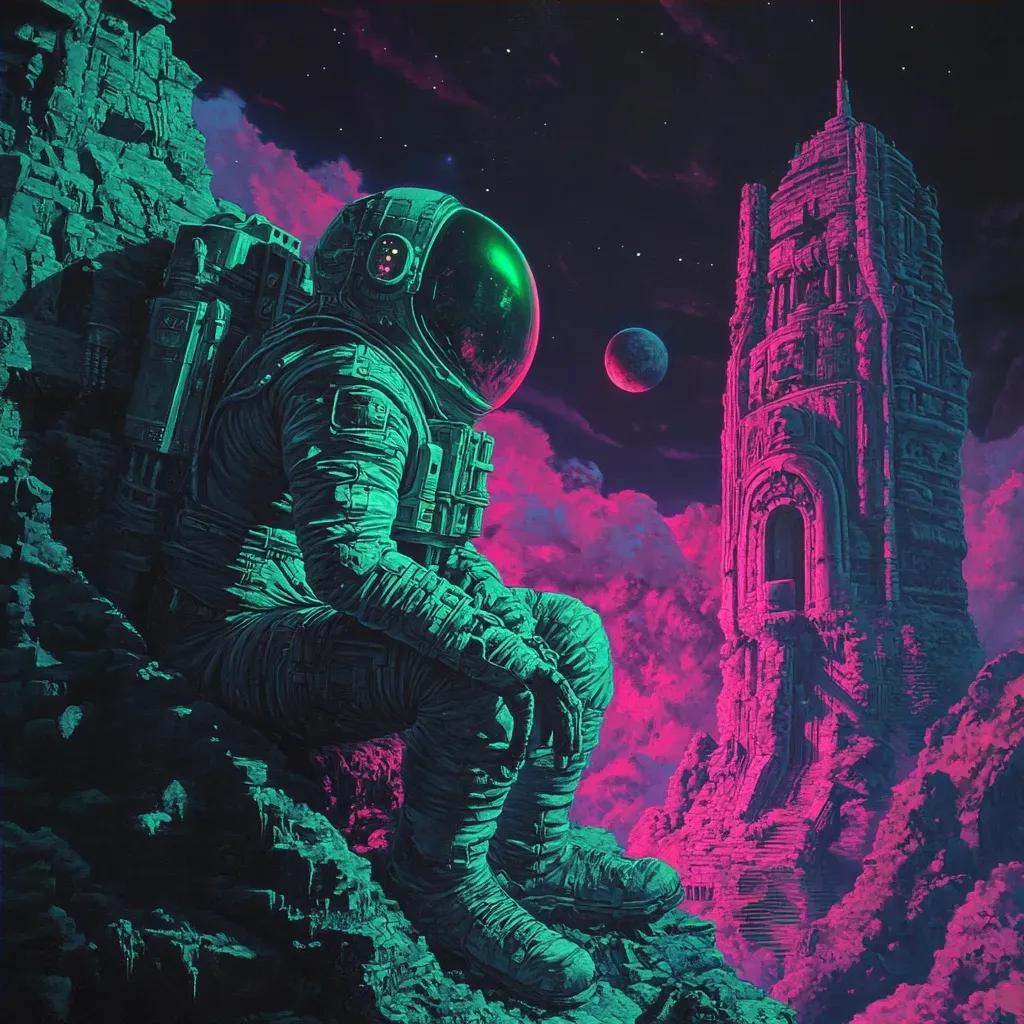 Surreal artwork of an astronaut exploring ancient ruins on a distant planet - Image 4