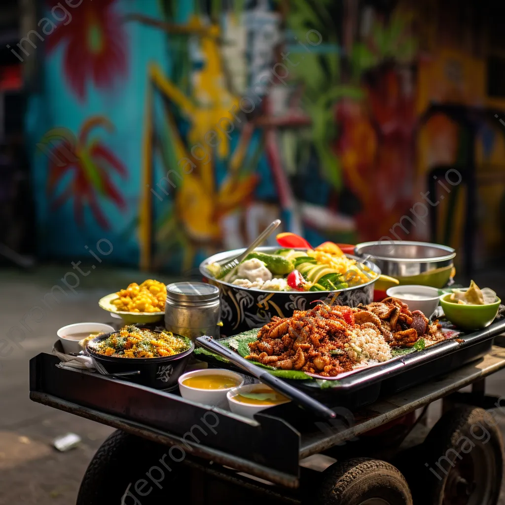 Street cart with spicy curry served over rice against street art. - Image 1