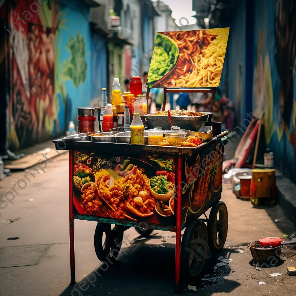 Street cart with spicy curry served over rice against street art. - Image 3