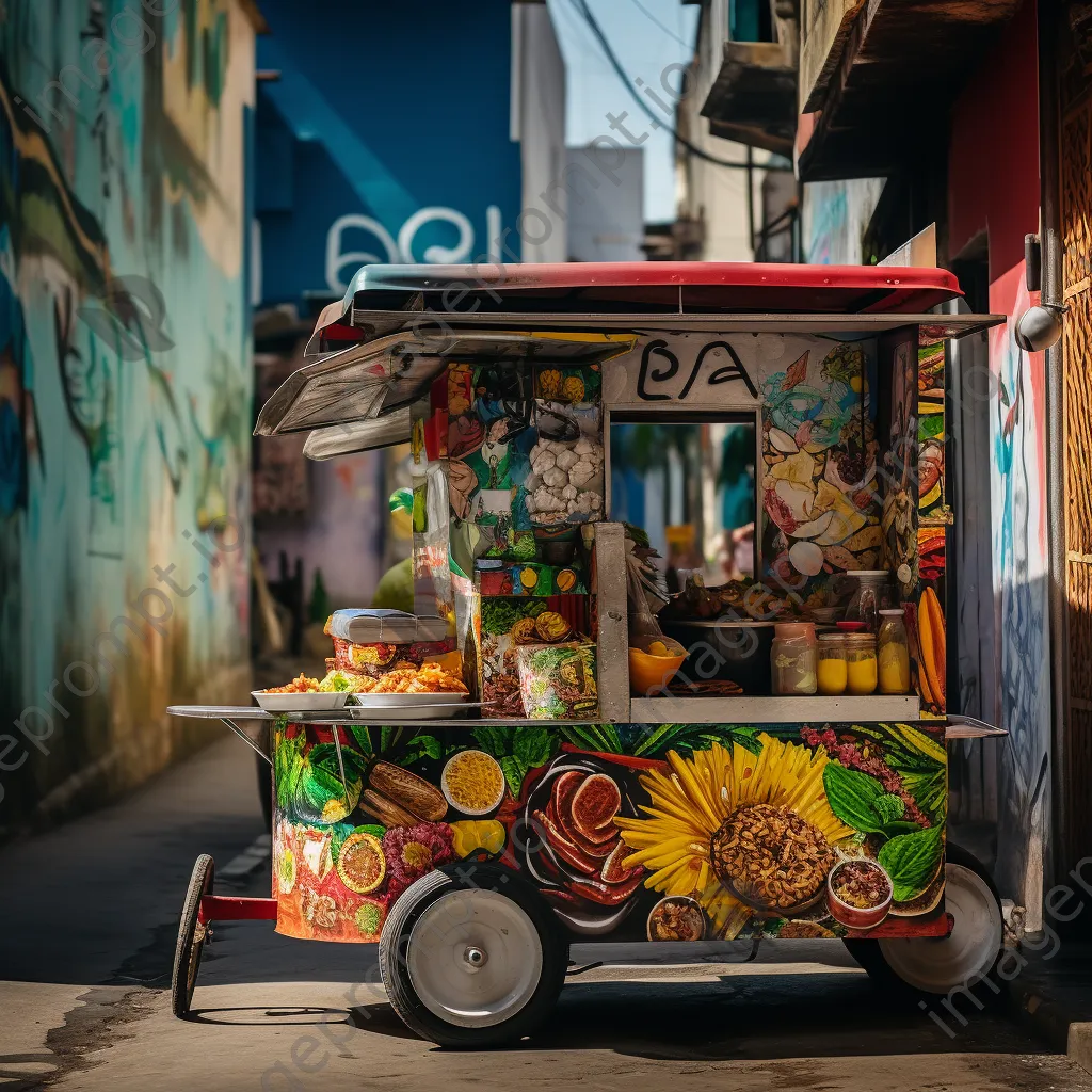 Street cart with spicy curry served over rice against street art. - Image 4