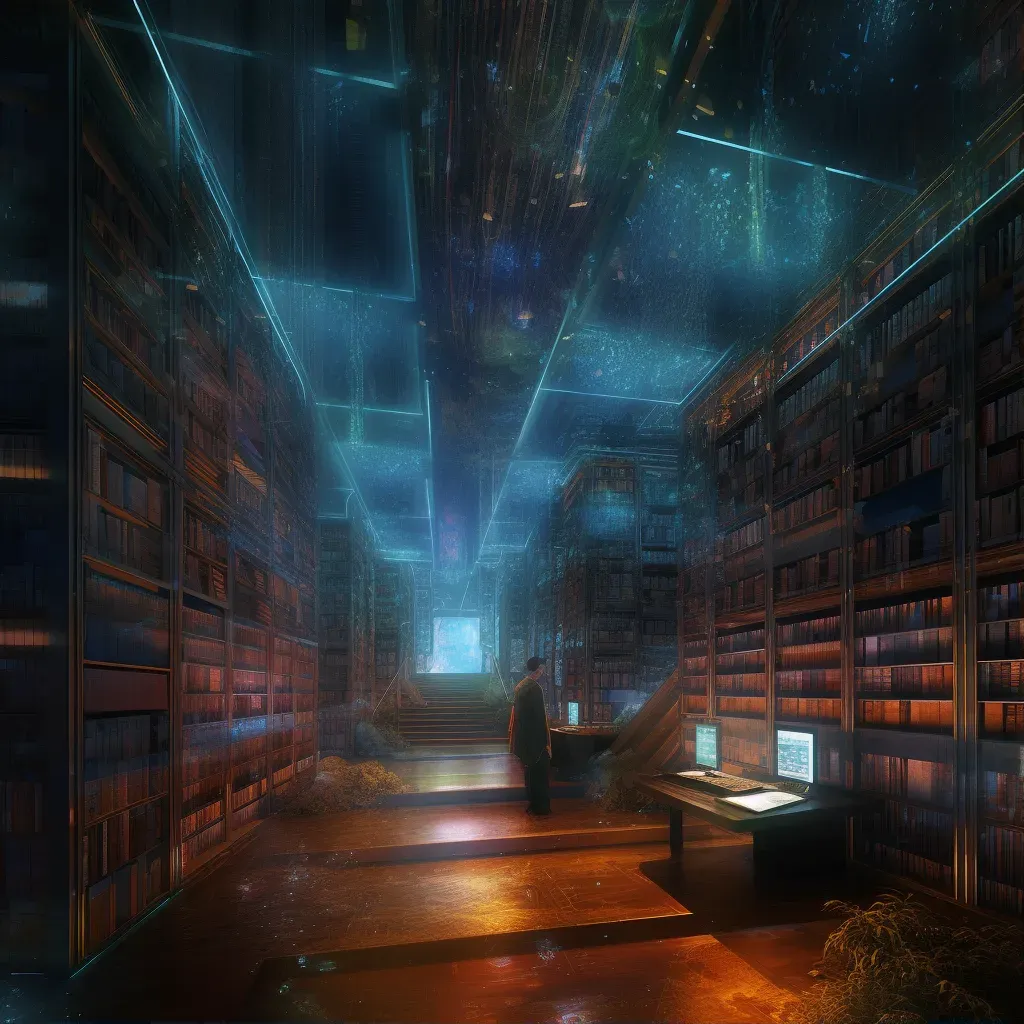 Image of a futuristic digital library with holographic books and a sci-fi ambiance - Image 1