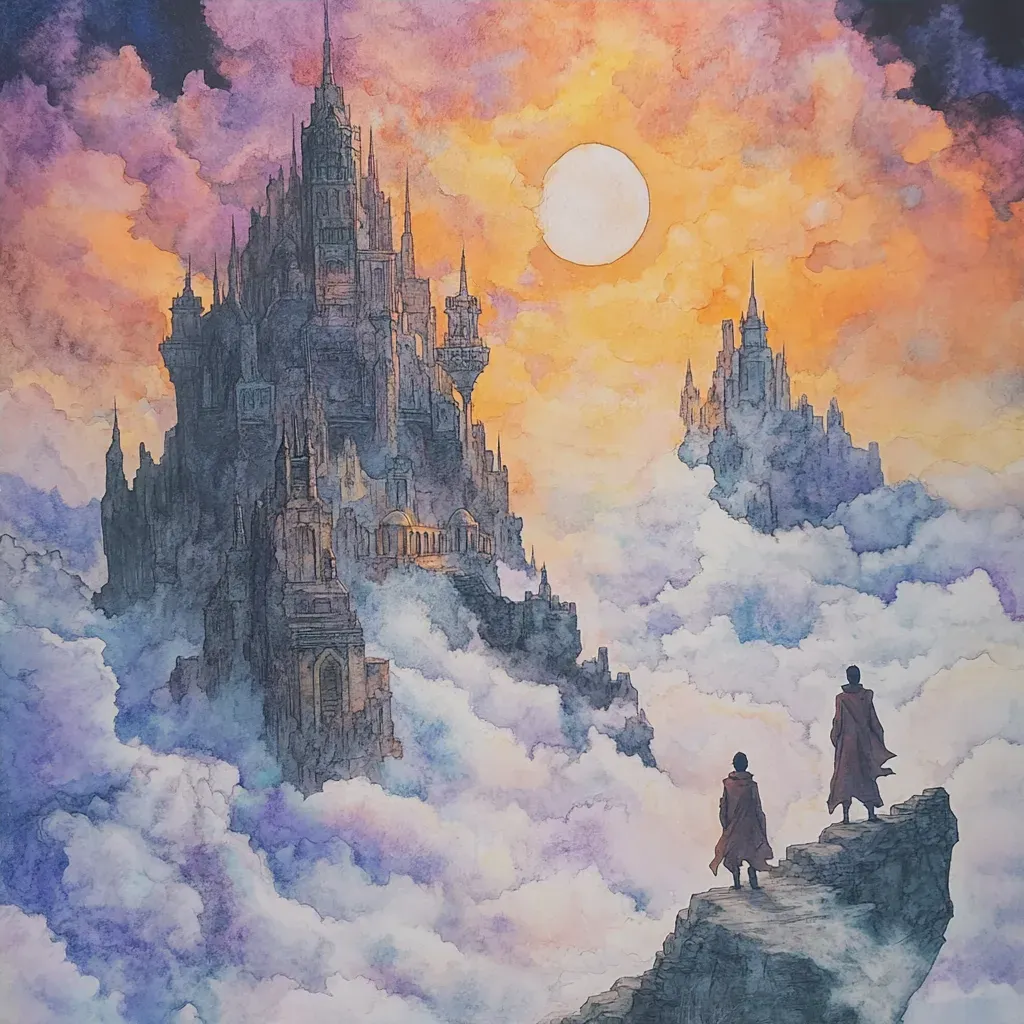 Ink and gouache painting of two adventurers finding a lost city in the clouds - Image 4