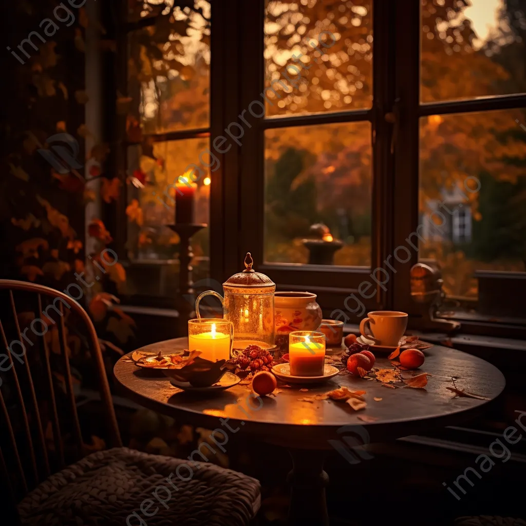 Candles glowing on a table surrounded by autumn leaves in warm light - Image 2