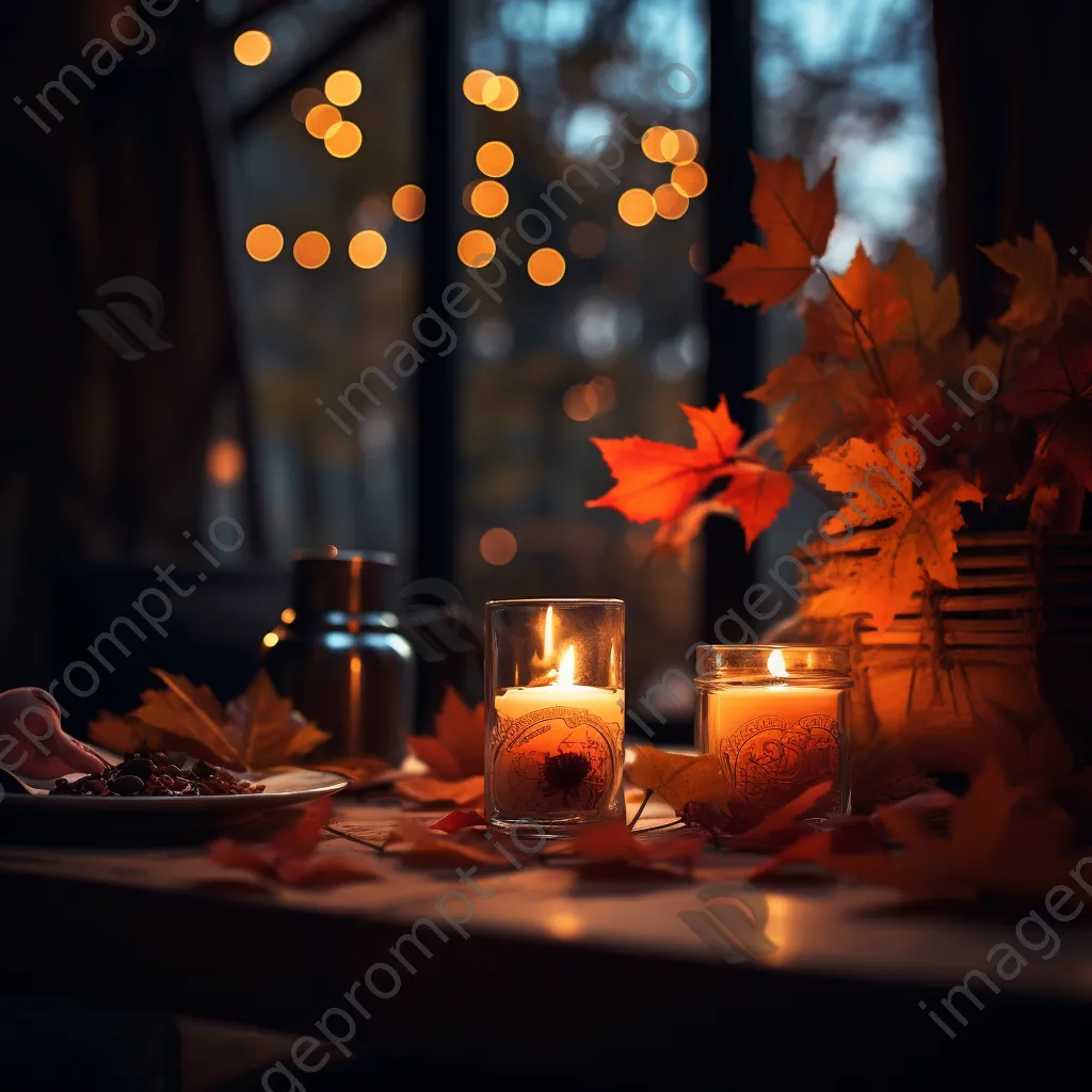 Candles glowing on a table surrounded by autumn leaves in warm light - Image 3