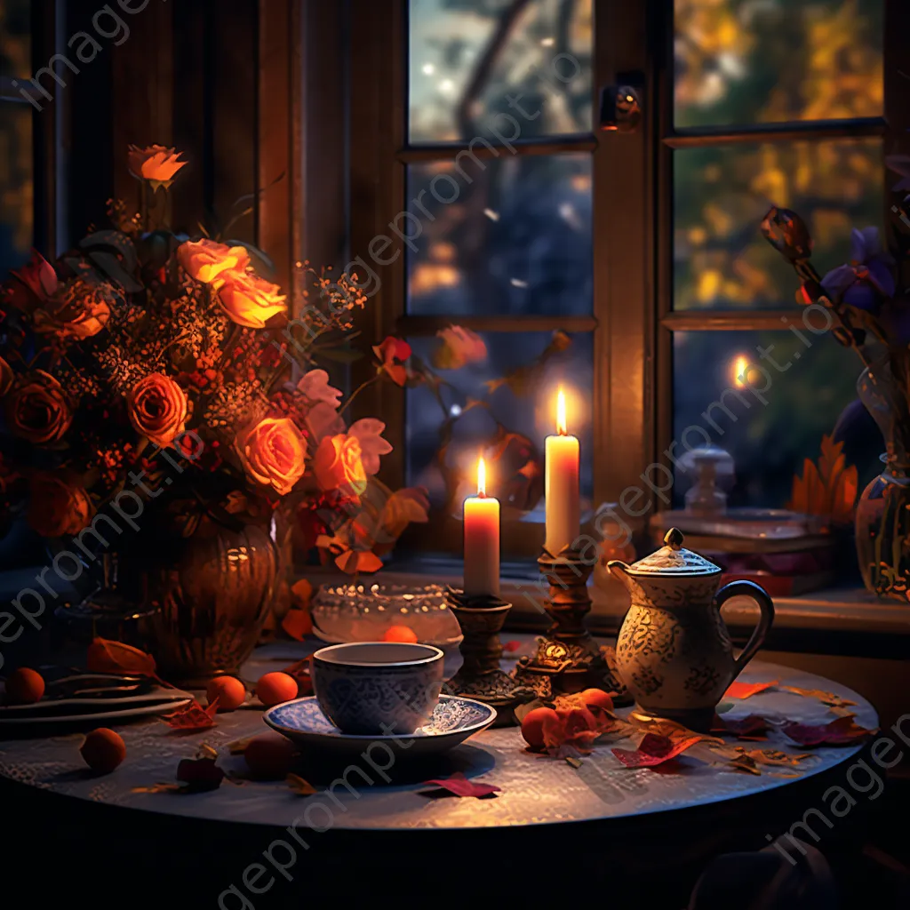 Candles glowing on a table surrounded by autumn leaves in warm light - Image 4