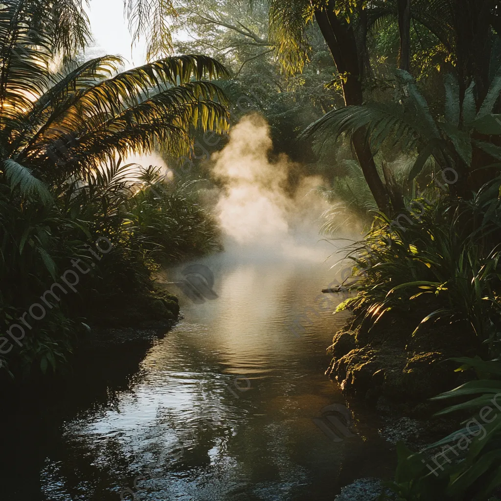 A natural thermal spring in a lush green setting with steam in the morning light. - Image 1