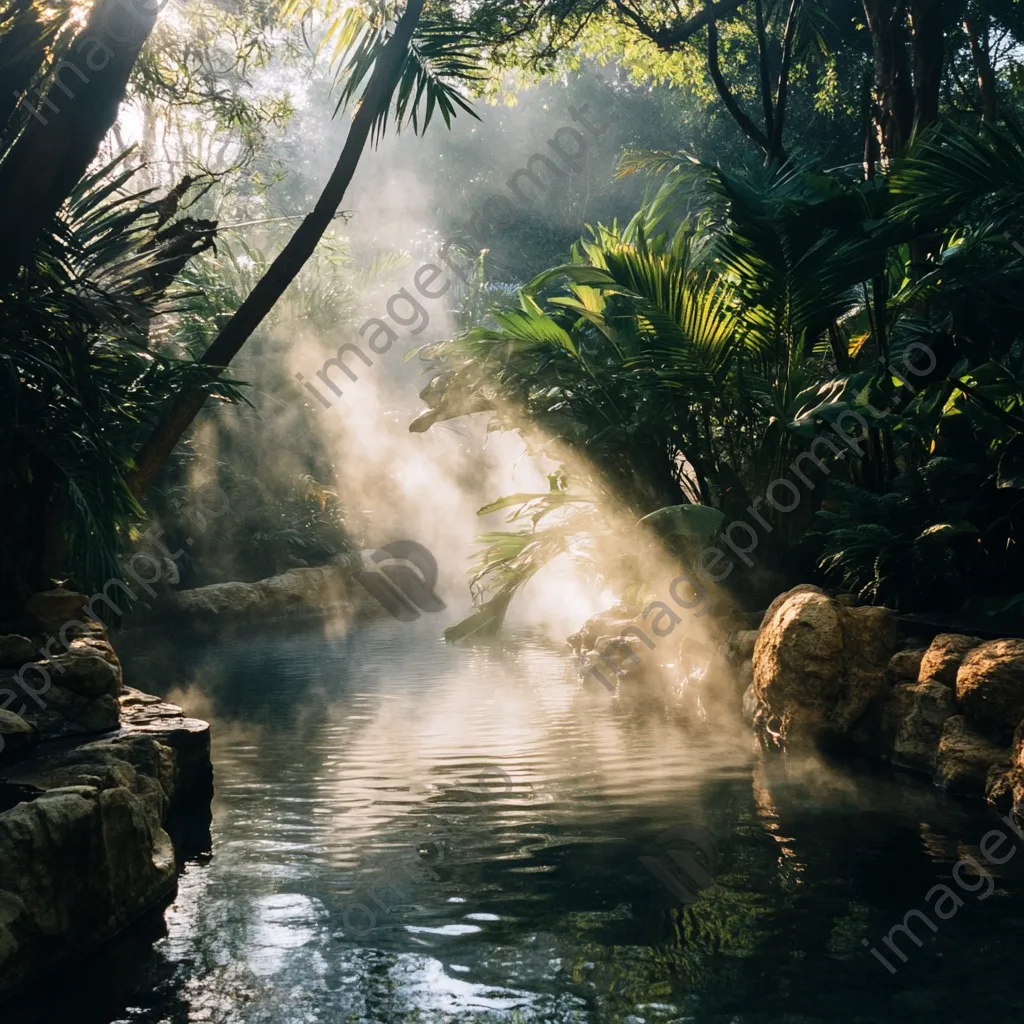 A natural thermal spring in a lush green setting with steam in the morning light. - Image 2