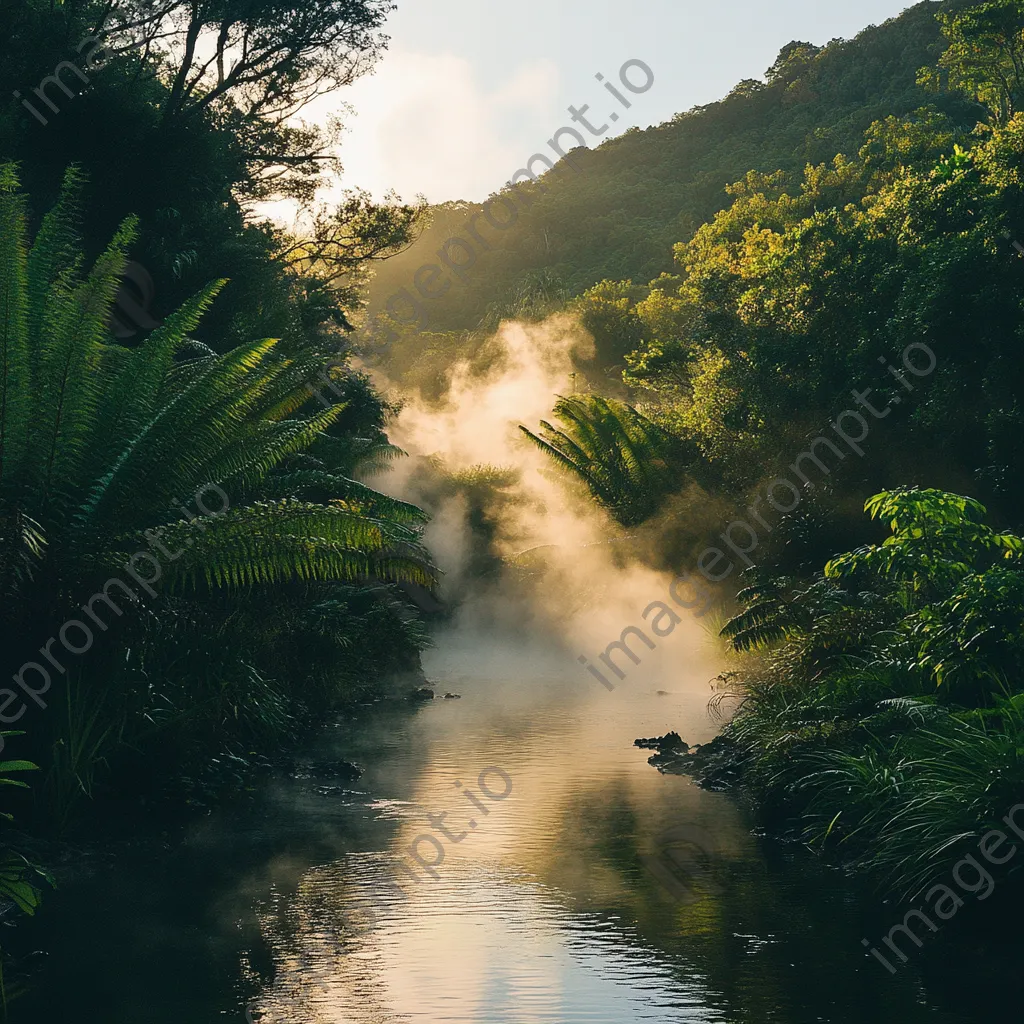 A natural thermal spring in a lush green setting with steam in the morning light. - Image 3