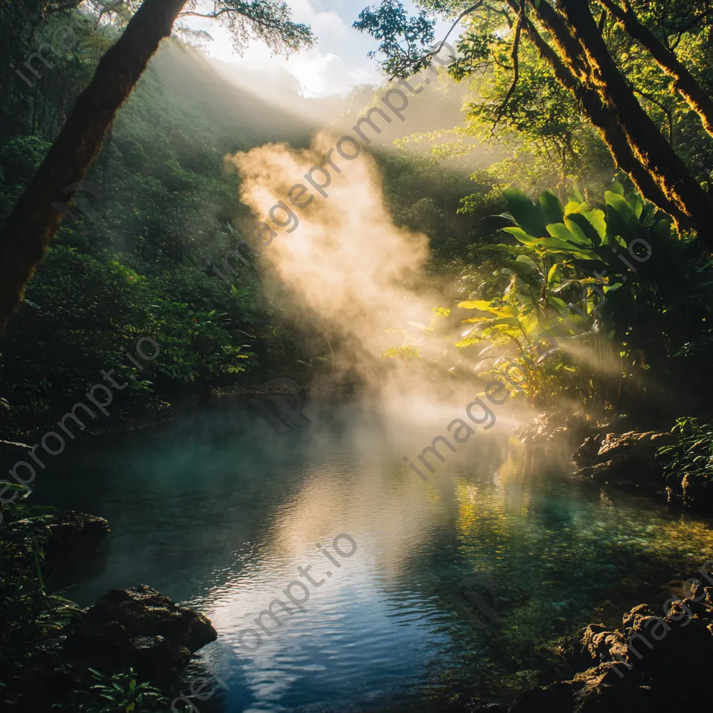 A natural thermal spring in a lush green setting with steam in the morning light. - Image 4