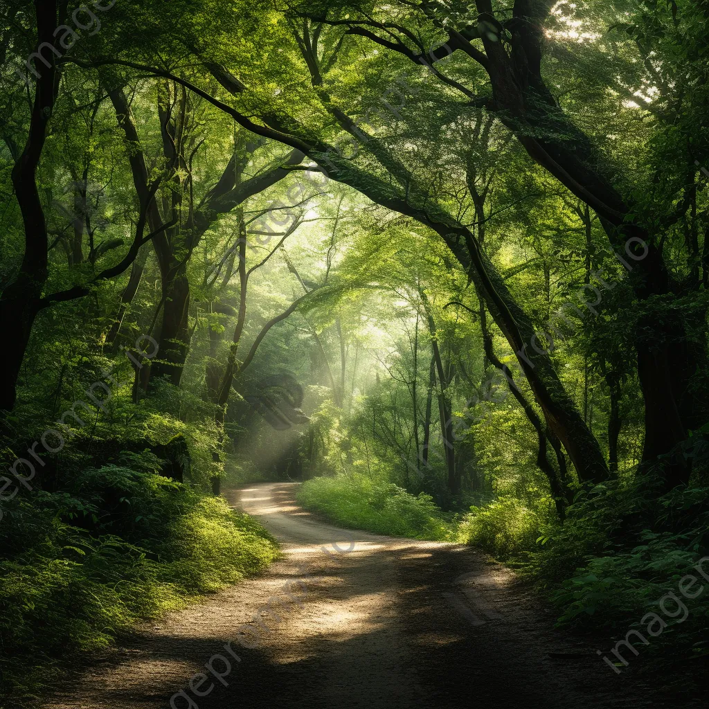 Narrow woodland path with sunlight filtering through leaves - Image 1