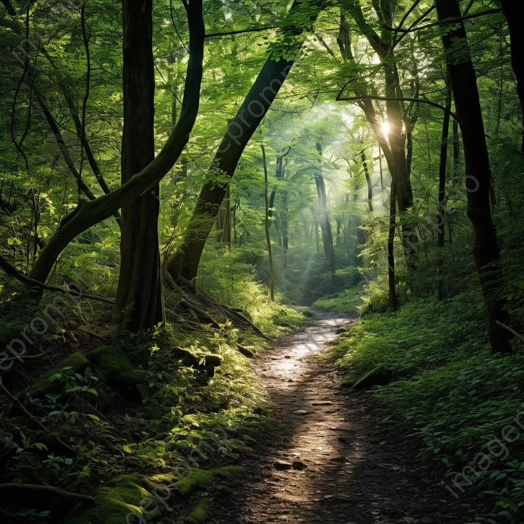 Narrow woodland path with sunlight filtering through leaves - Image 3