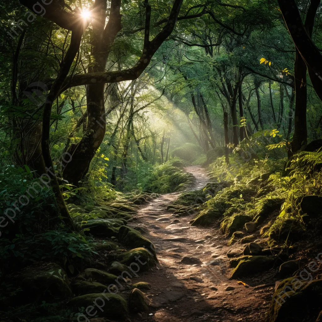 Narrow woodland path with sunlight filtering through leaves - Image 4