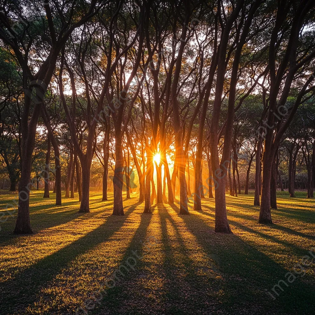 Sunset rays shining through a grove of trees - Image 1