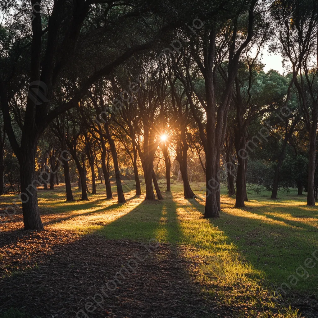 Sunset rays shining through a grove of trees - Image 2