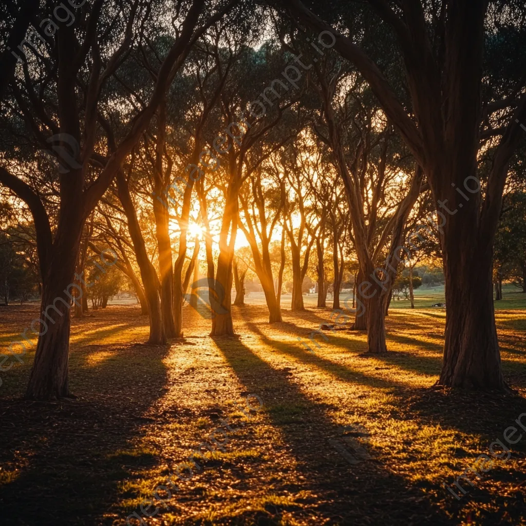 Sunset rays shining through a grove of trees - Image 3