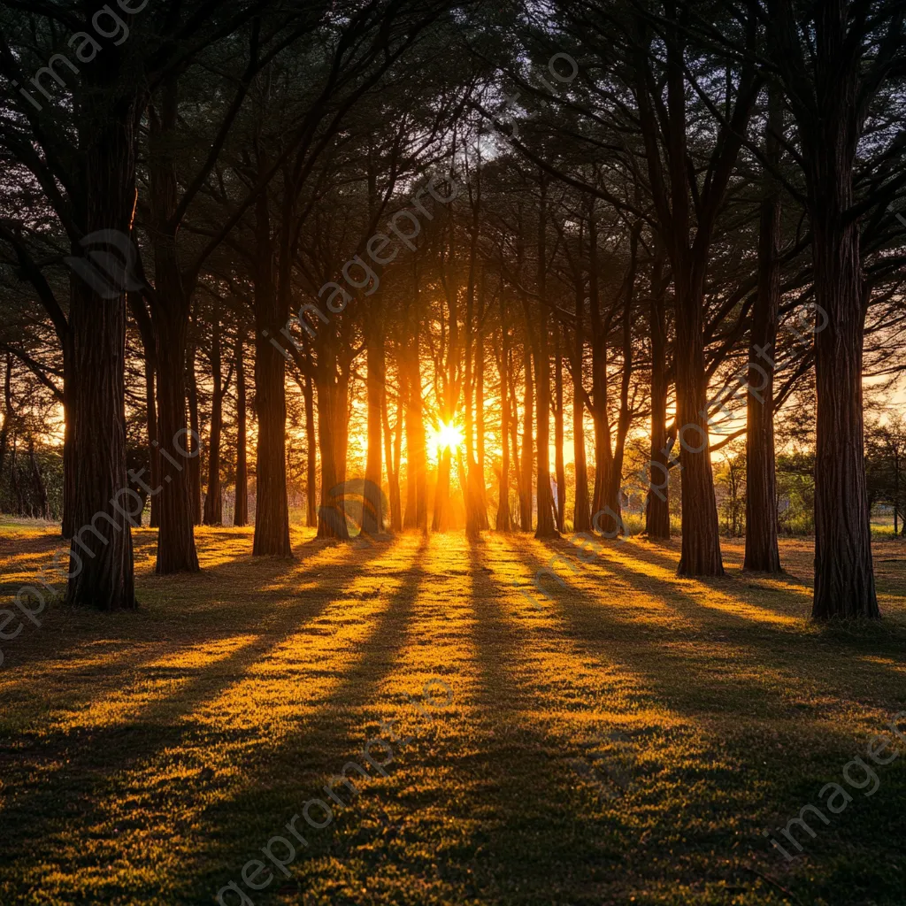 Sunset rays shining through a grove of trees - Image 4