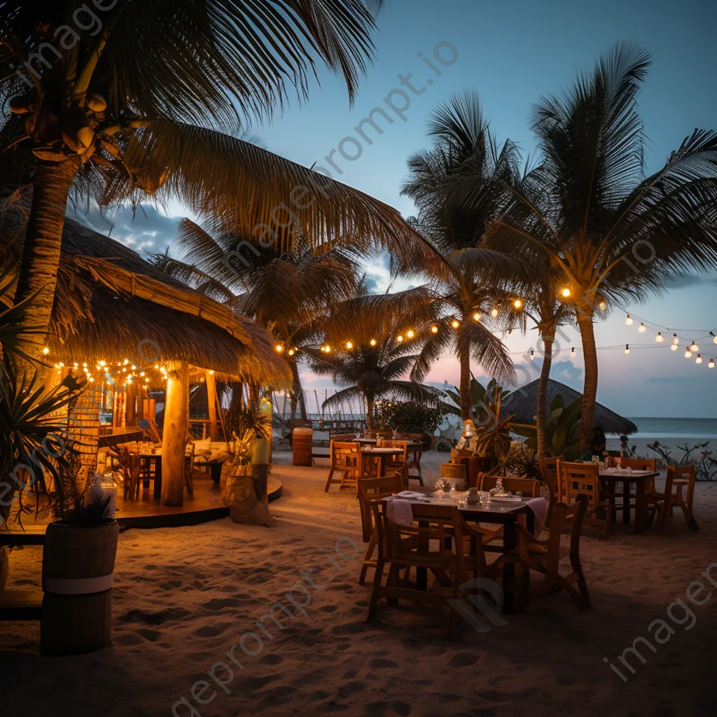 Beachfront restaurant with candle-lit tables at dusk - Image 1