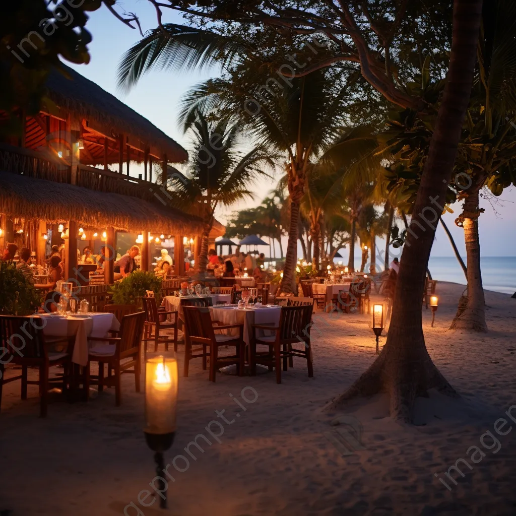 Beachfront restaurant with candle-lit tables at dusk - Image 3