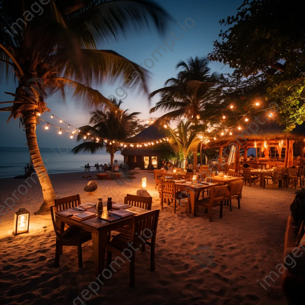 Beachfront restaurant with candle-lit tables at dusk - Image 4