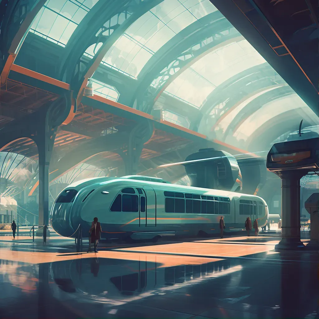 Image of a retro-futuristic train station with sleek trains and art deco architecture - Image 1