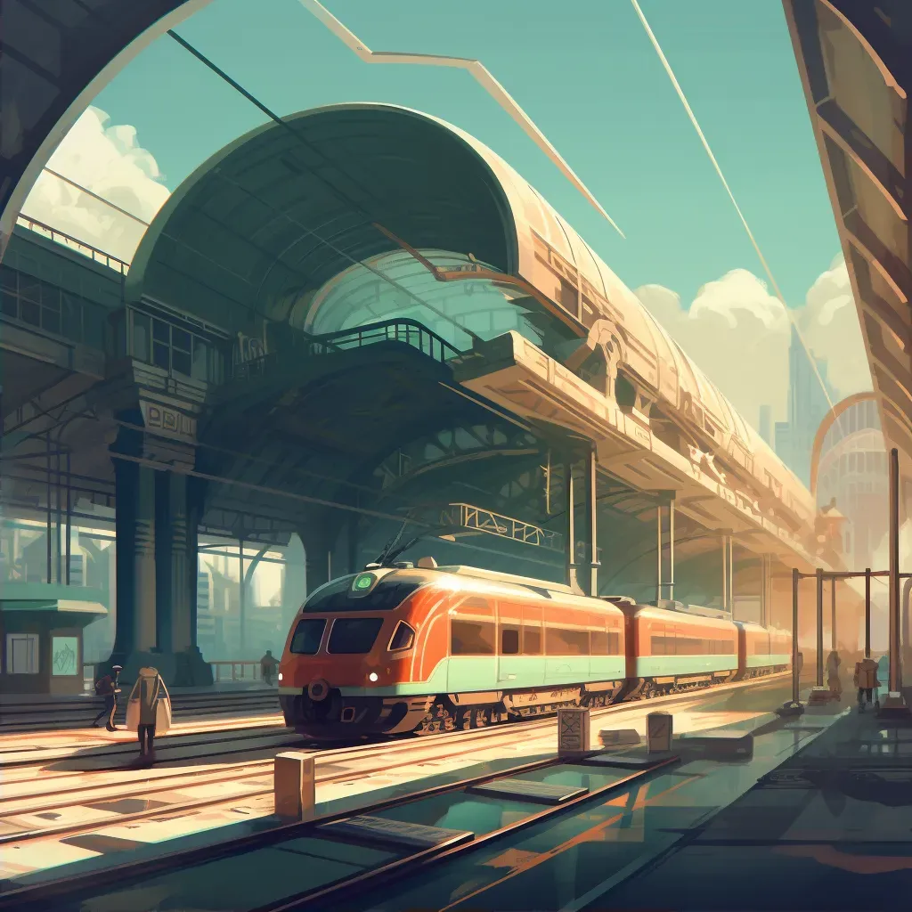 Retro-Futuristic Train Station with Streamlined Trains and Art Deco Architecture