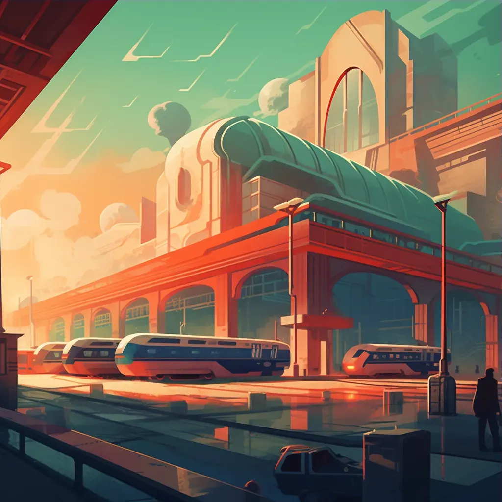 Image of a retro-futuristic train station with sleek trains and art deco architecture - Image 3