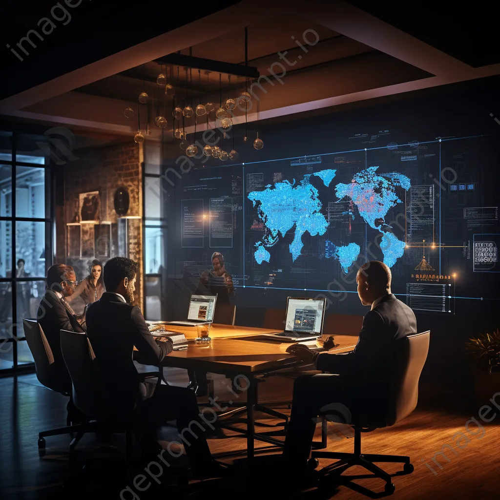 Professionals brainstorming cybersecurity strategies in conference room - Image 1