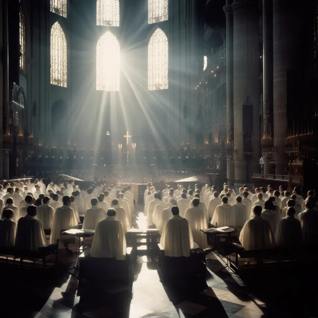 Image of a choir singing in a cathedral filled with soft, ethereal light - Image 1