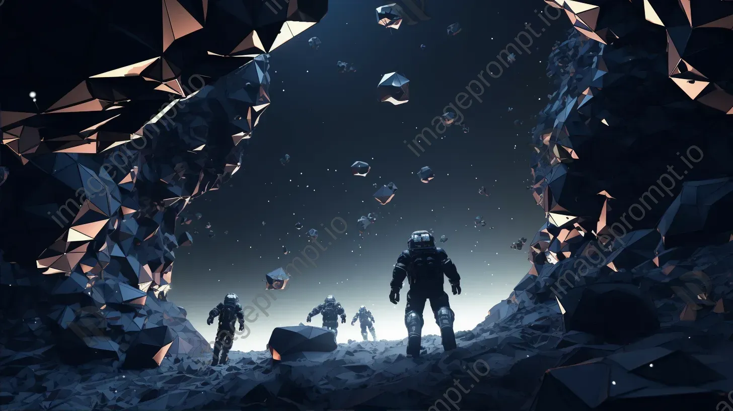 Low poly astronauts navigating through an asteroid belt with a Film Noir-influenced atmosphere - Image 2