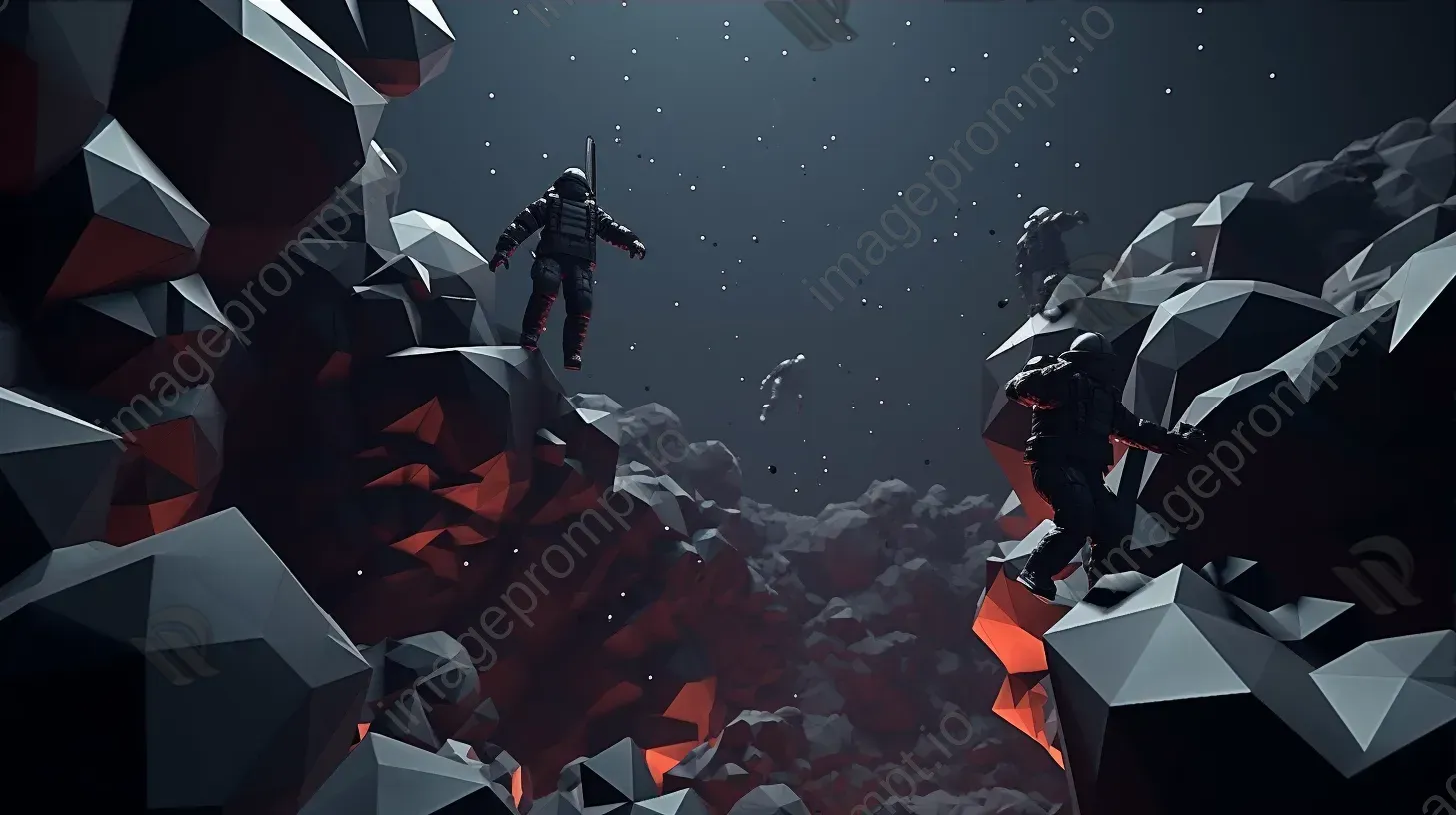 Low poly astronauts navigating through an asteroid belt with a Film Noir-influenced atmosphere - Image 3