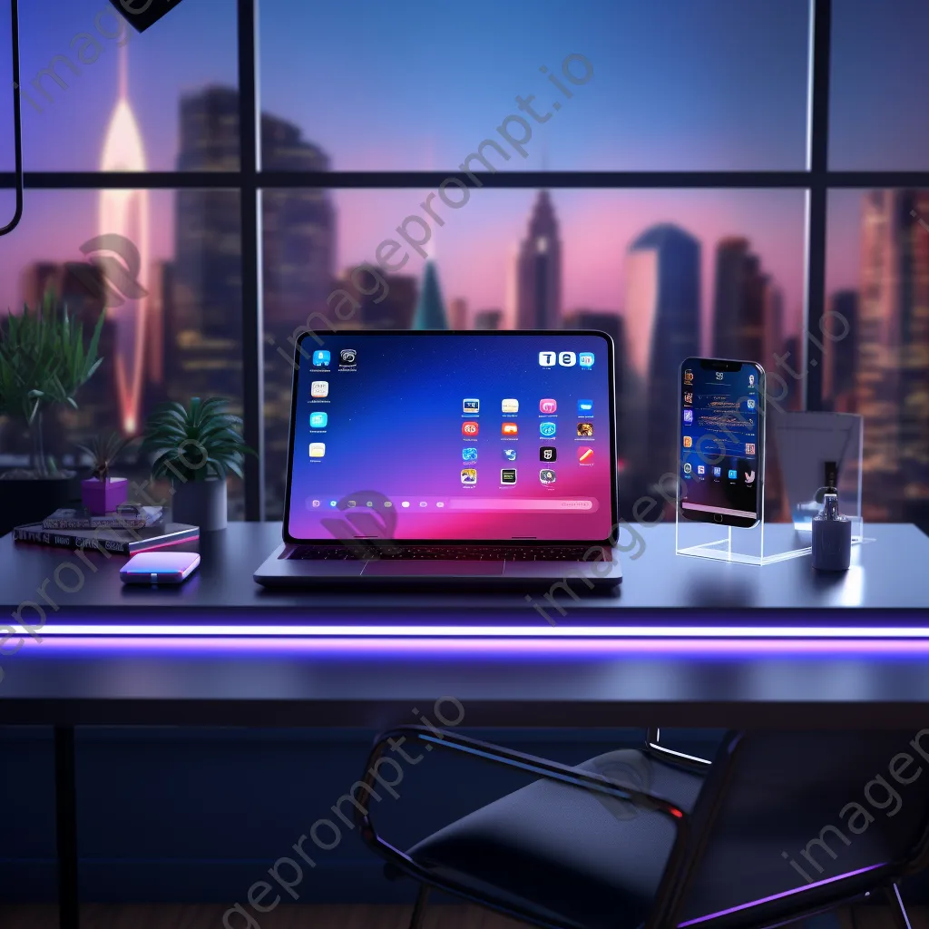 Modern desk with laptop, tablet, and office supplies under LED lights - Image 1