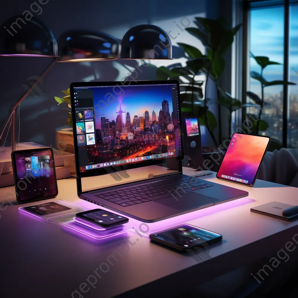 Modern desk with laptop, tablet, and office supplies under LED lights - Image 2