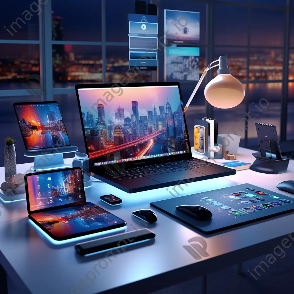 Modern desk with laptop, tablet, and office supplies under LED lights - Image 4