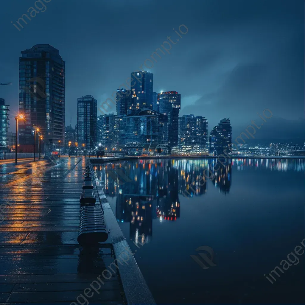 City waterfront promenade with buildings reflecting in calm waters and shimmering lights at night - Image 1