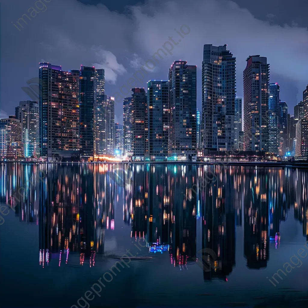 City waterfront promenade with buildings reflecting in calm waters and shimmering lights at night - Image 2