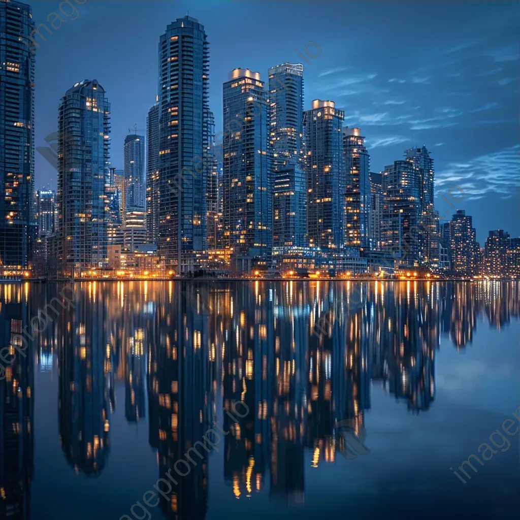 City waterfront promenade with buildings reflecting in calm waters and shimmering lights at night - Image 3