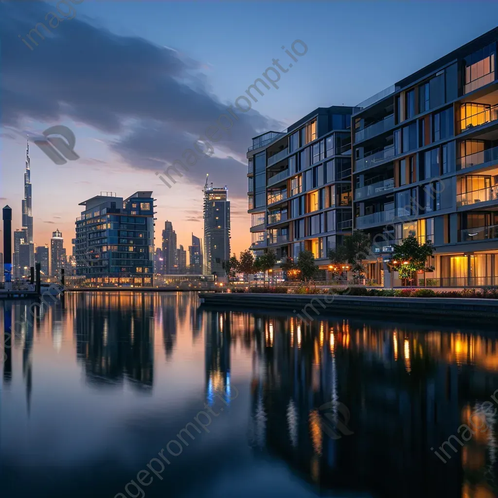 City waterfront promenade with buildings reflecting in calm waters and shimmering lights at night - Image 4