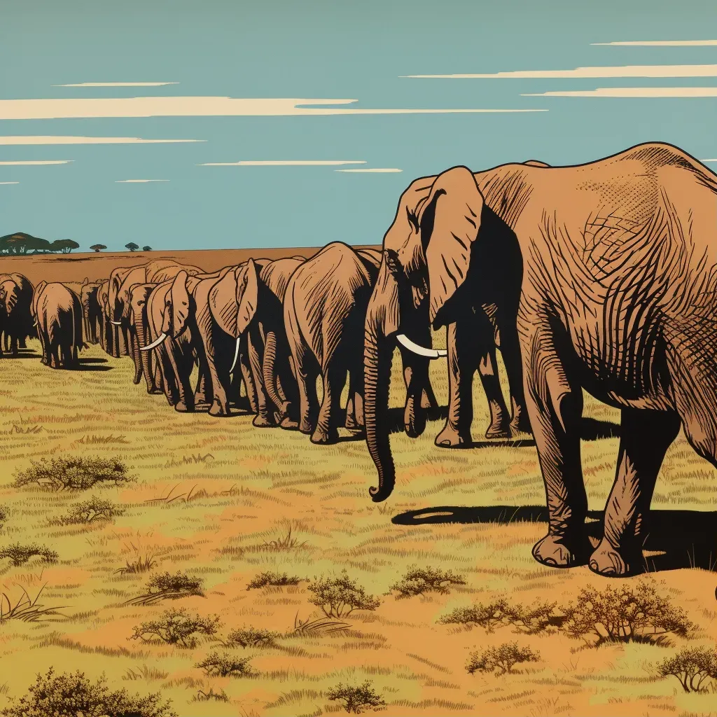 African elephants marching on golden savannah with clear blue sky - Image 1