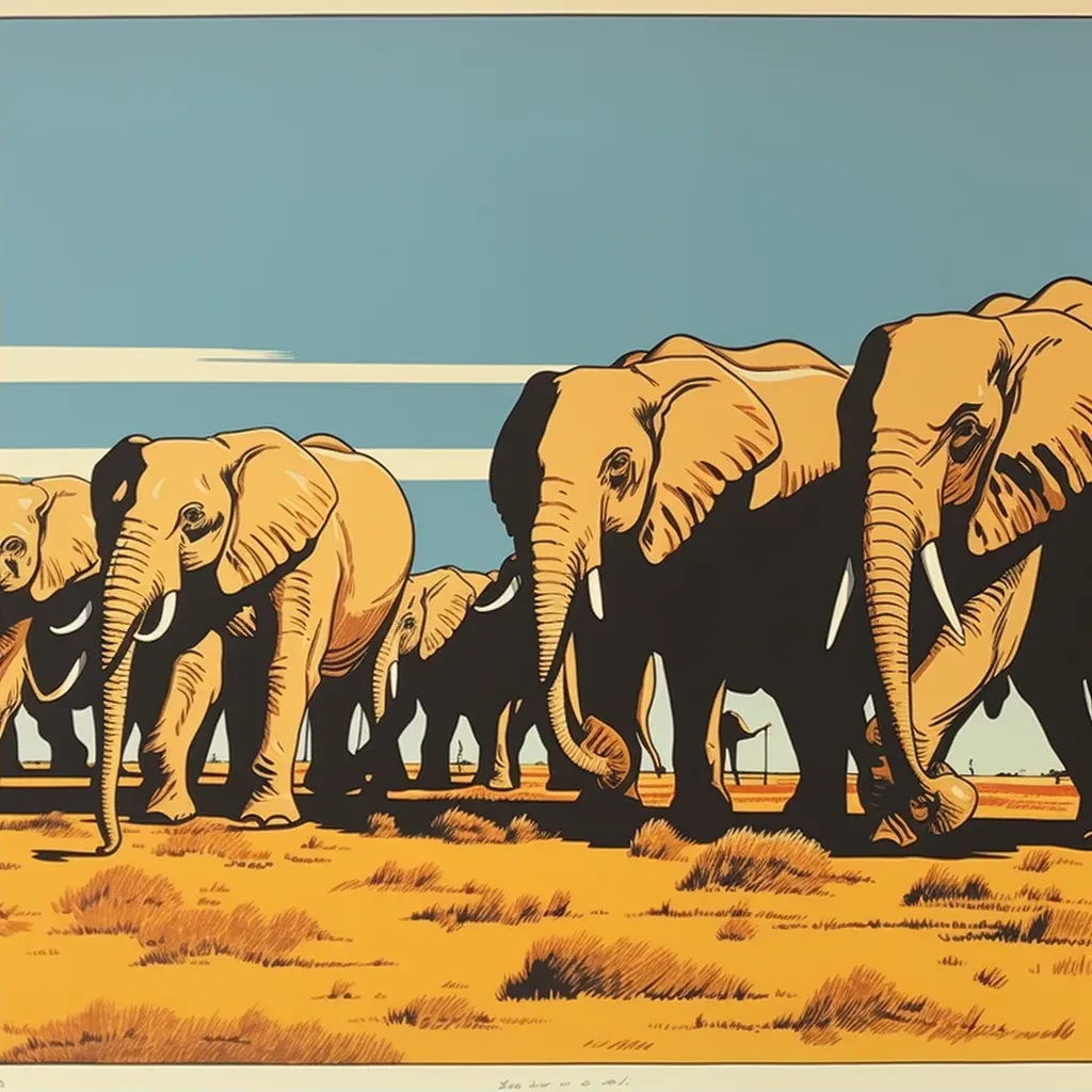 African elephants marching on golden savannah with clear blue sky - Image 2