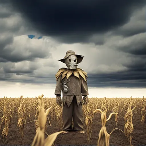 Lonely scarecrow standing in an empty cornfield under a cloudy sky in an image generated by a prompt. - Image 1